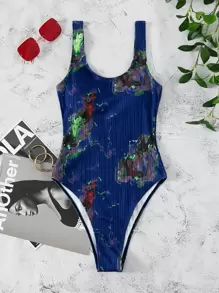 Summer Marble Print One Piece Swimsuit - Multicolor - View 1