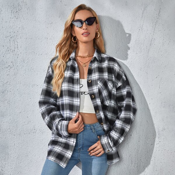 

Drop Shoulder Patch Pocket Tartan Blouse, Black and white