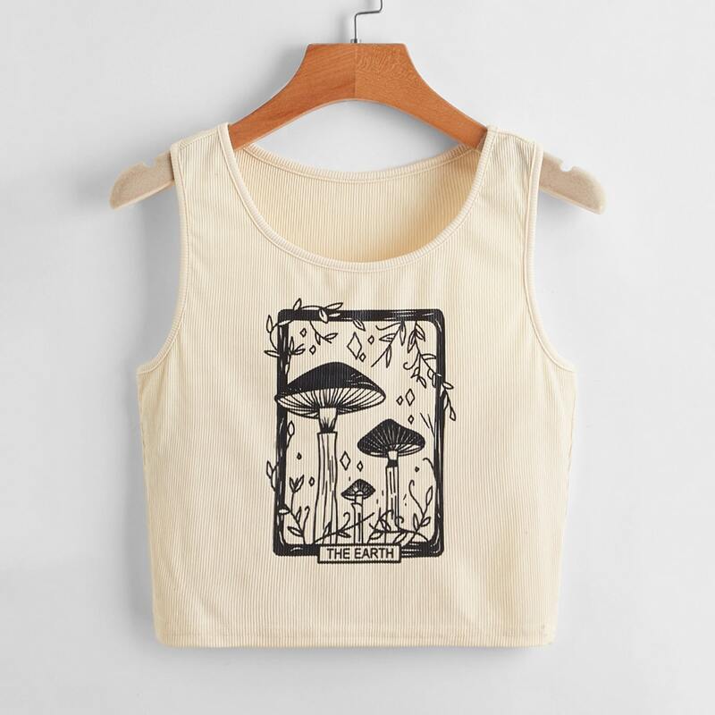 

Letter Mushroom Graphic Ribbed Tank Top, Beige