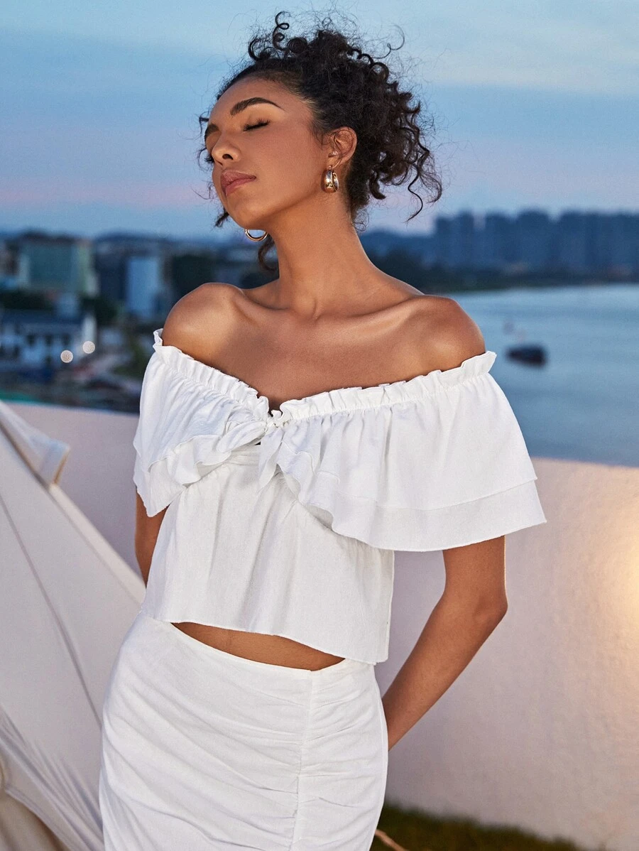 SHEIN VCAY Ruffle Hem Bardot Top - White - View 1