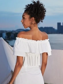 SHEIN VCAY Ruffle Hem Bardot Top - White - View 2