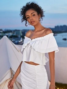 SHEIN VCAY Ruffle Hem Bardot Top - White - View 3