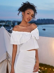 SHEIN VCAY Ruffle Hem Bardot Top - White - View 4