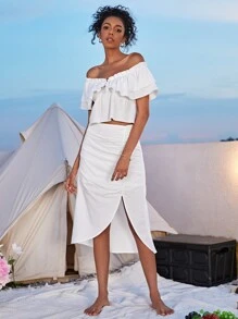 SHEIN VCAY Ruffle Hem Bardot Top - White - View 5