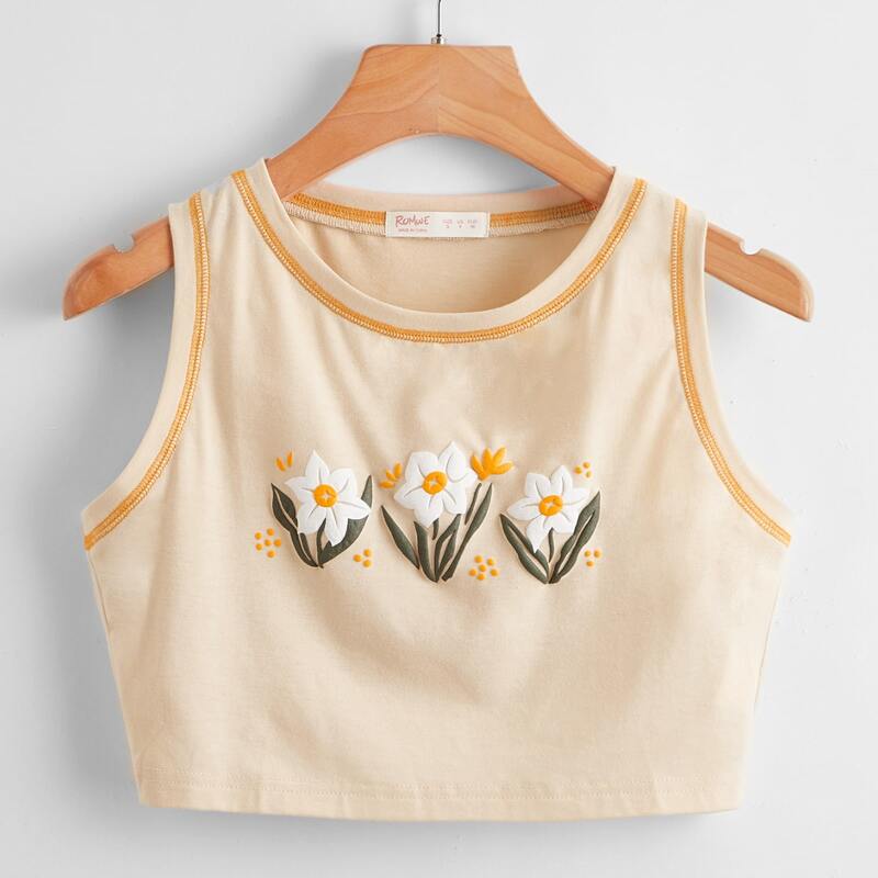 

Stitching Trim Floral Graphic Tank Top, Apricot