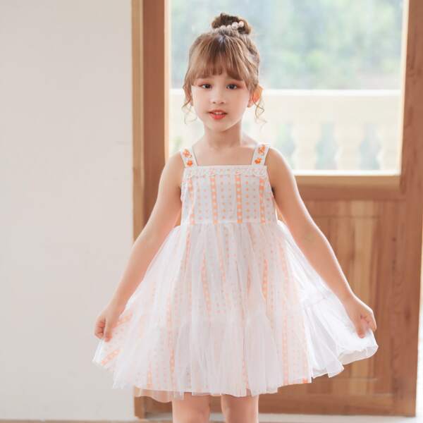 

Toddler Girls Polka Dot Mesh Panel Cami Dress, White