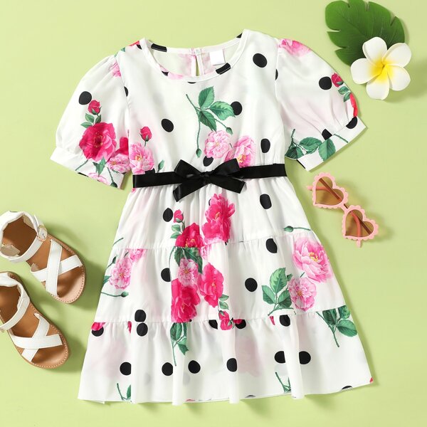 

Toddler Girls Floral Puff Sleeve Belted Ruffle Hem Dress, White
