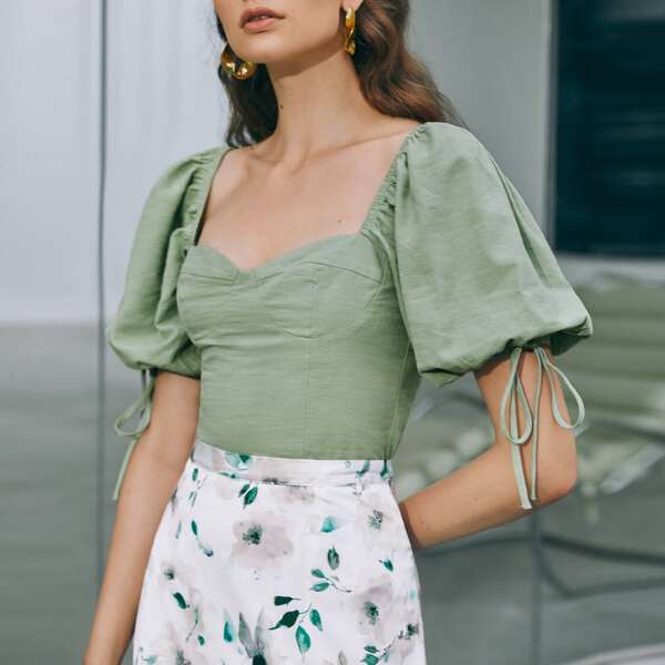 

Sweetheart Neck Puff Sleeve Top, Mint green