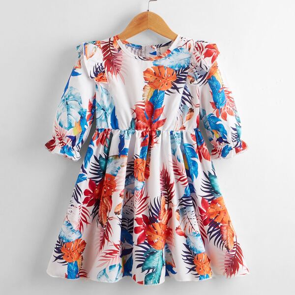 

Toddler Girls Tropical Print Ruffle Trim Babydoll Dress, Multicolor