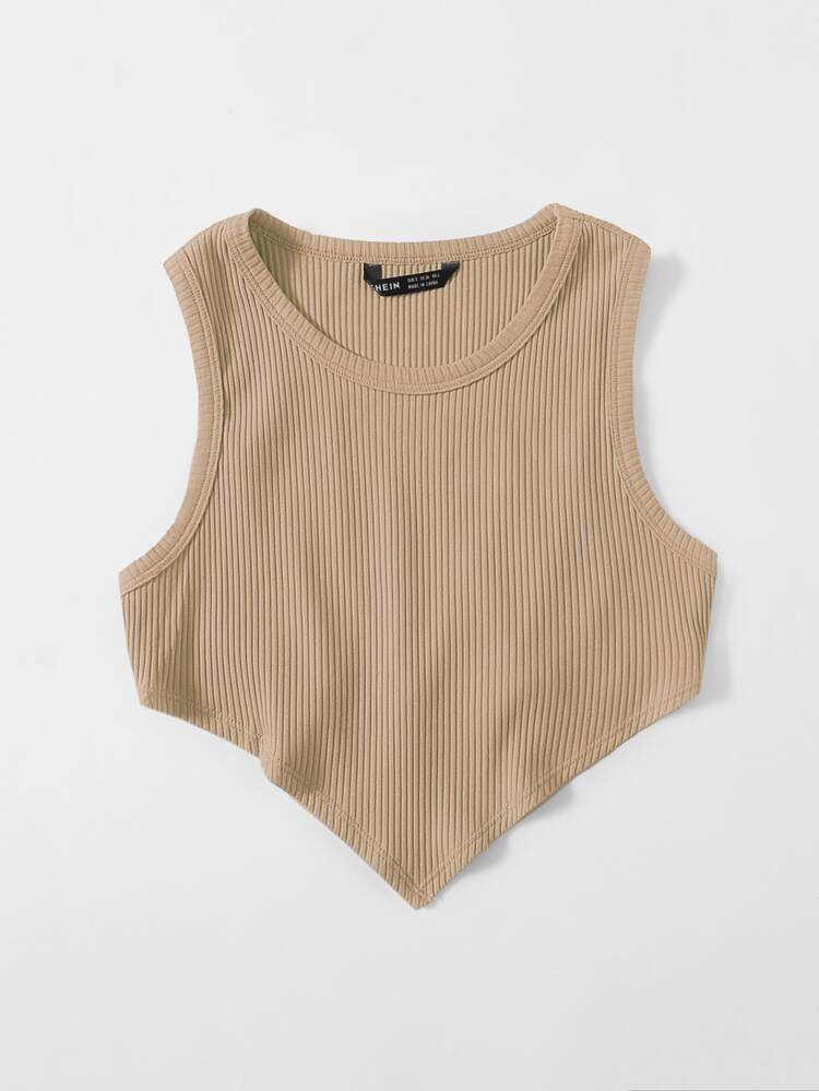 Muchica Asymmetrical Hem Rib-knit Crop Tank Top - Khaki - View 3