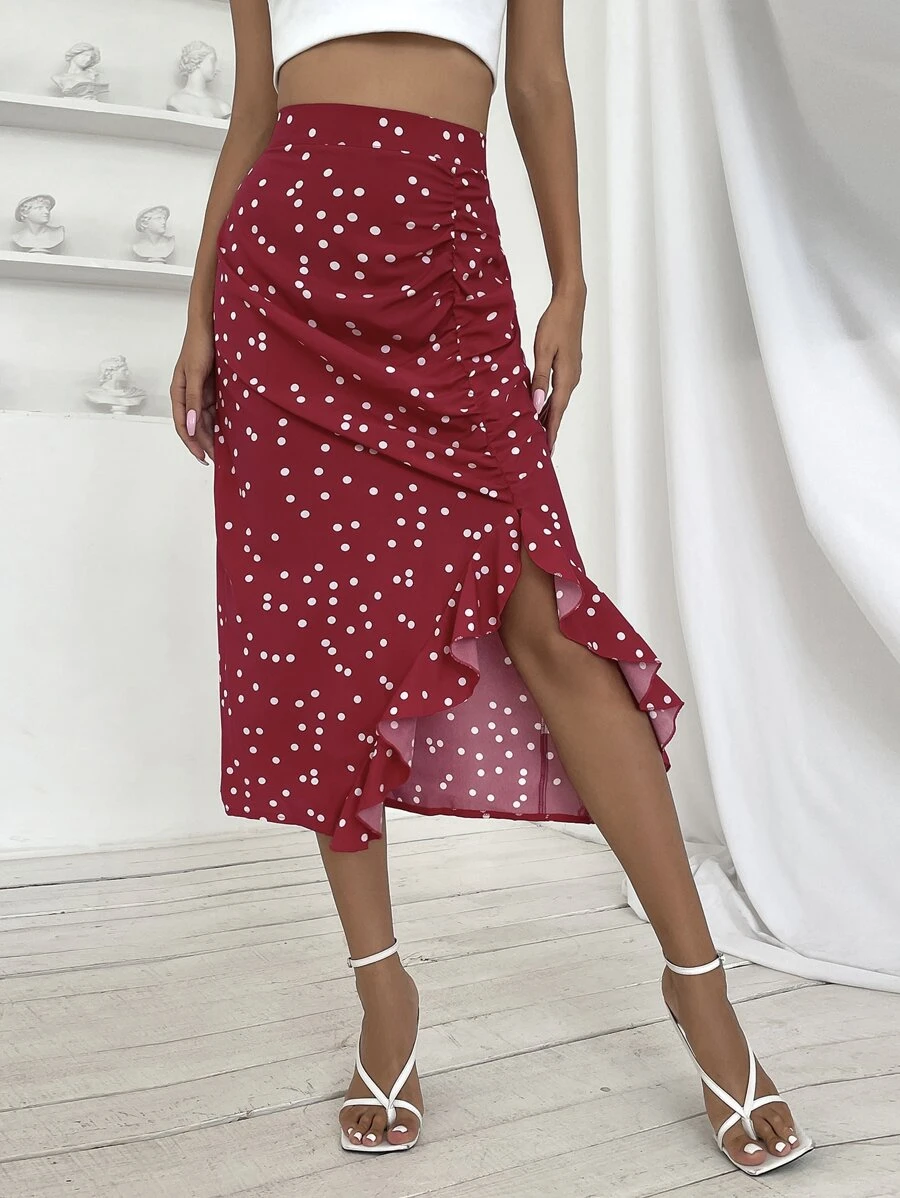 Polka Dot Split Hem Skirt - Red and White - View 1