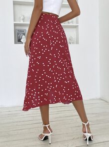 Polka Dot Split Hem Skirt - Red and White - View 2