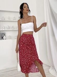 Polka Dot Split Hem Skirt - Red and White - View 4