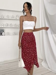 Polka Dot Split Hem Skirt - Red and White - View 5