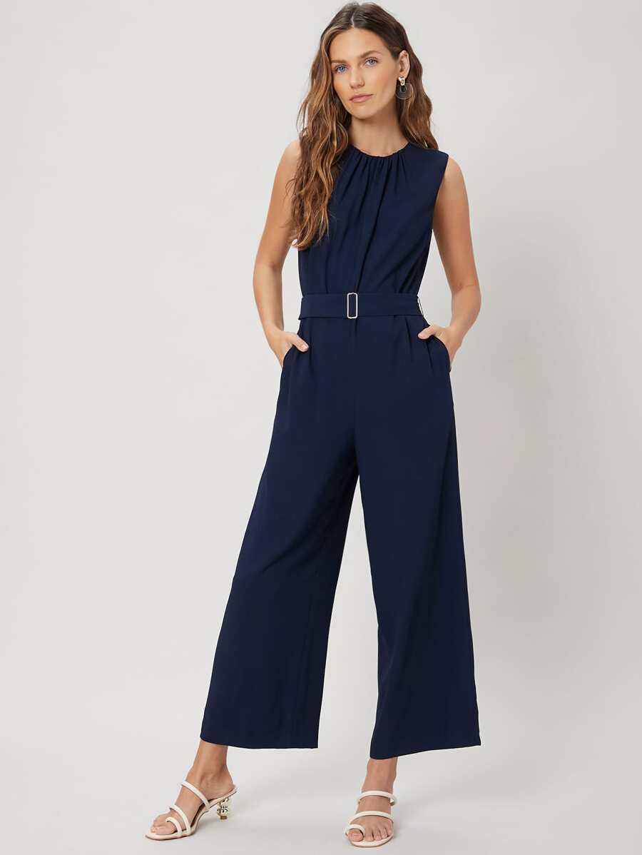 SHEIN Sleeveless Belted Jumpsuit - Navy Blue - View 1