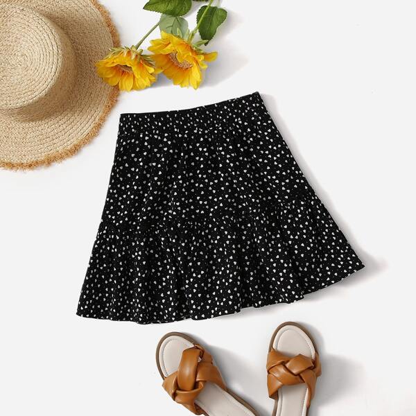 

Girls Allover Heart Print Ruffle Hem Skirt, Black