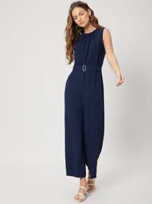 SHEIN Sleeveless Belted Jumpsuit - Navy Blue - View 4