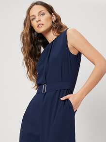 SHEIN Sleeveless Belted Jumpsuit - Navy Blue - View 5