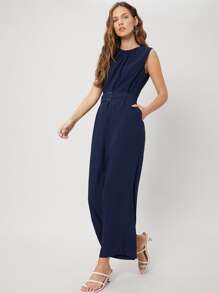 SHEIN Sleeveless Belted Jumpsuit - Navy Blue - View 6