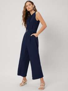 SHEIN Sleeveless Belted Jumpsuit - Navy Blue - View 7