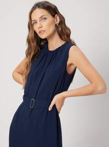 SHEIN Sleeveless Belted Jumpsuit - Navy Blue - View 8
