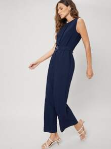 SHEIN Sleeveless Belted Jumpsuit - Navy Blue - View 9