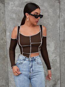 SHEIN Top con puntada en contraste bajo asimétrico de hombros descubiertos - Café integral - Ver 1