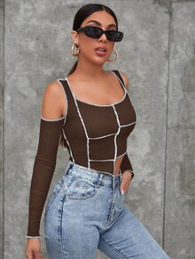 SHEIN Top con puntada en contraste bajo asimétrico de hombros descubiertos - Café integral - Ver 3