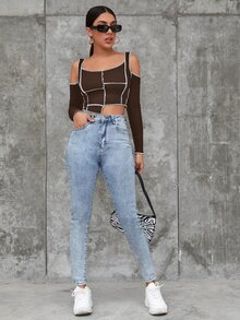 SHEIN Top con puntada en contraste bajo asimétrico de hombros descubiertos - Café integral - Ver 4