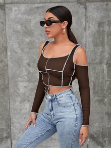 SHEIN Top con puntada en contraste bajo asimétrico de hombros descubiertos - Café integral - Ver 5