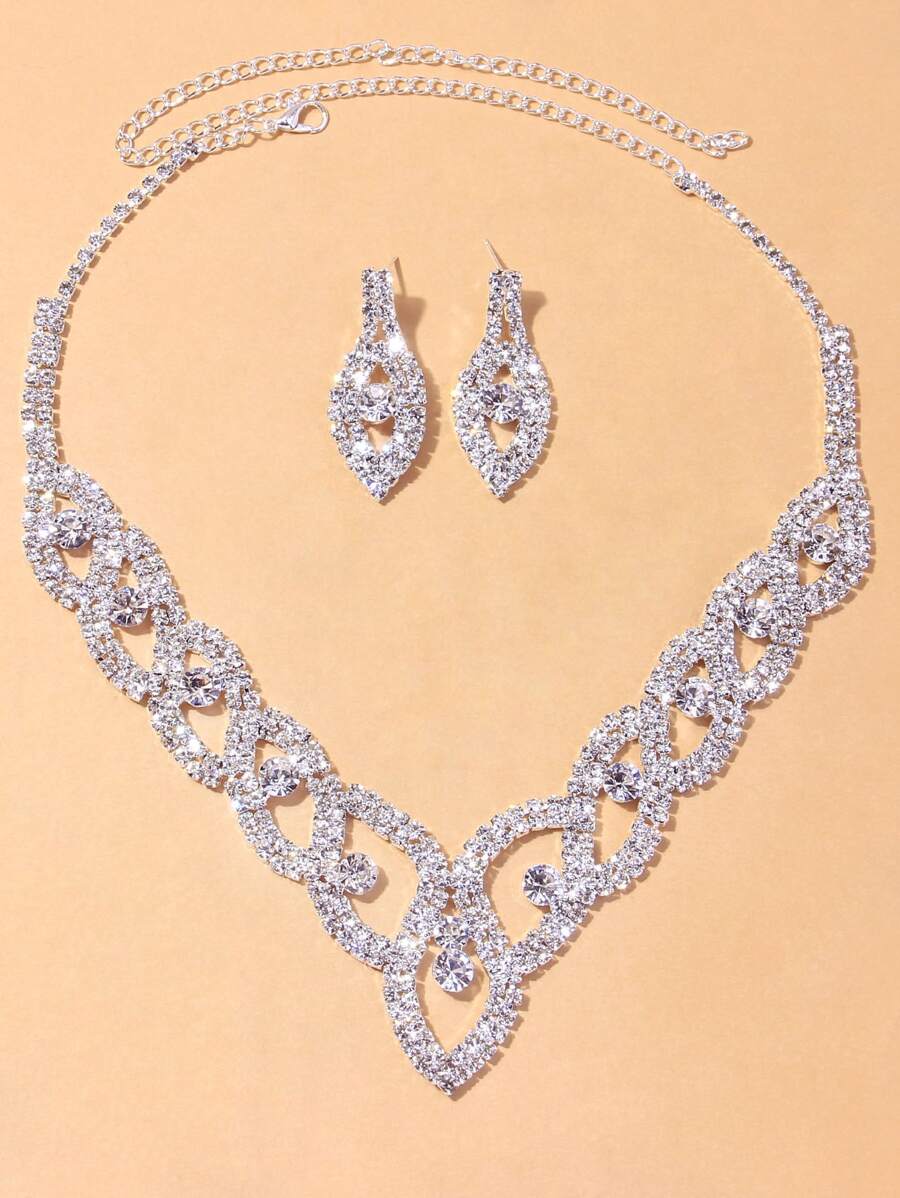Rhinestone Decor Necklace & 1pair Earrings - Silver - View 1