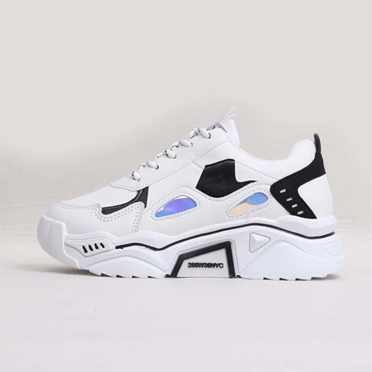 

Colorblock Lace-up Chunky Sneakers, Black and white