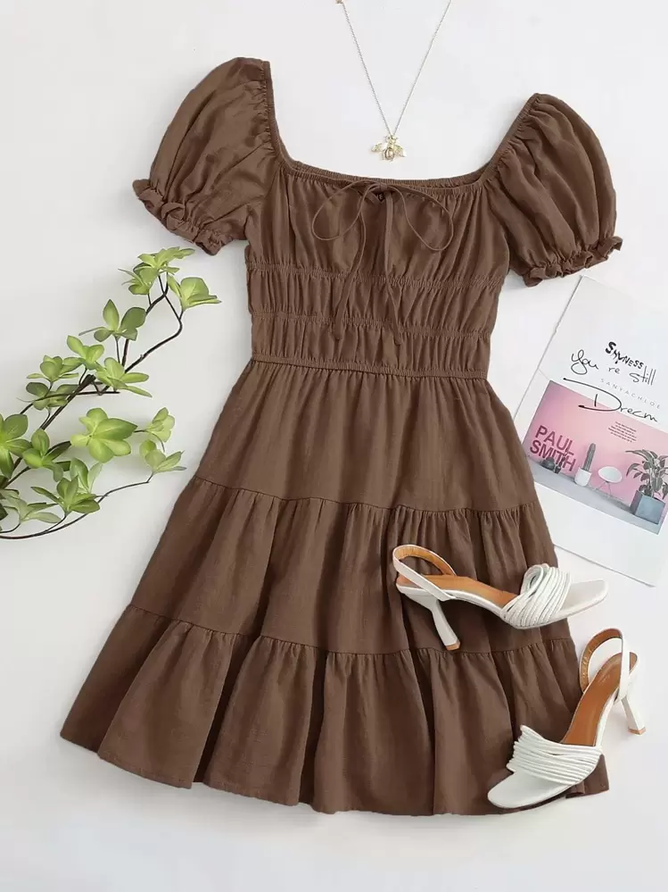shein tie neck ruched bust tiered dress Soleia Tie Neck Ruched Bust Tiered Dress