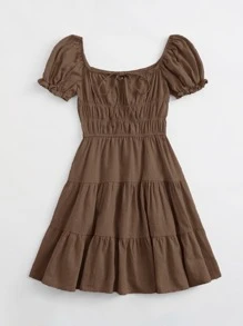 Soleia Vestido a capas de busto con fruncido de cuello con cordón - Café integral - Ver 5