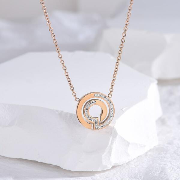 

Rhinestone Decor Round Charm Necklace, Rose gold