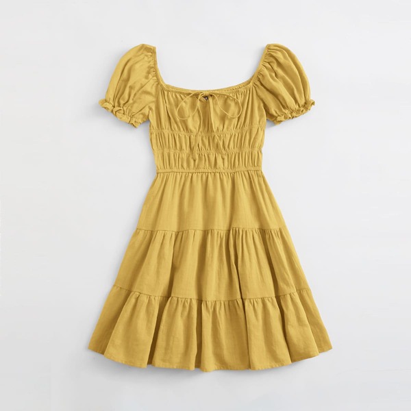 

Tie Neck Ruched Bust Tiered Dress, Yellow