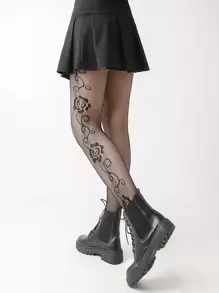 Meia arrastão Padrão floral - Preto - Visão 4