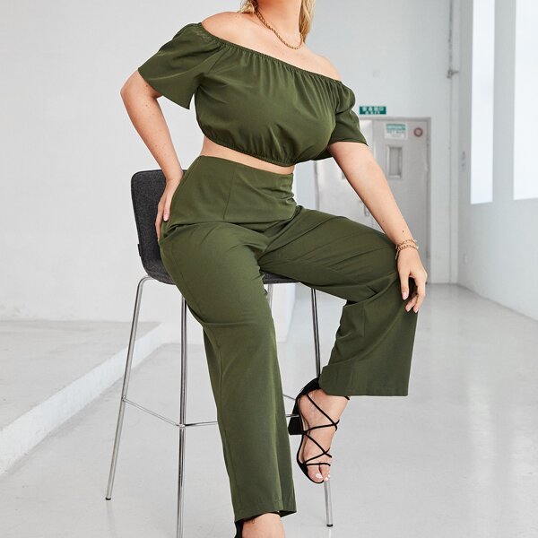 

Plus Solid Crop Bardot Top & Pants, Army green