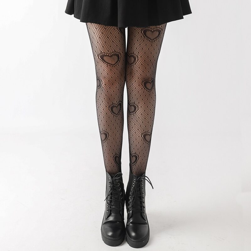 

Heart Pattern Fishnet Tights, Black