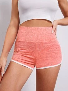 SHEIN EZwear 寬腰帶拼接滾邊雜色針織短褲 - 珊瑚橙 - 查看 2