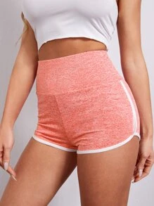 SHEIN EZwear 寬腰帶拼接滾邊雜色針織短褲 - 珊瑚橙 - 查看 3