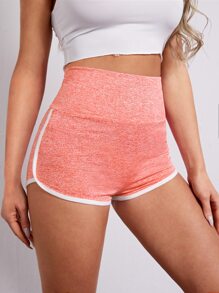 SHEIN EZwear 寬腰帶拼接滾邊雜色針織短褲 - 珊瑚橙 - 查看 4