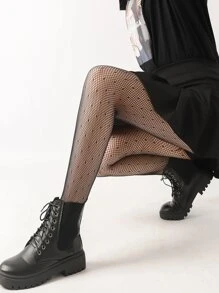 1 pieza de calcetines de red ajustados simples con patrón de lunares para mujer, ropa de calle de moda, medias sexis - Negro - Ver 4