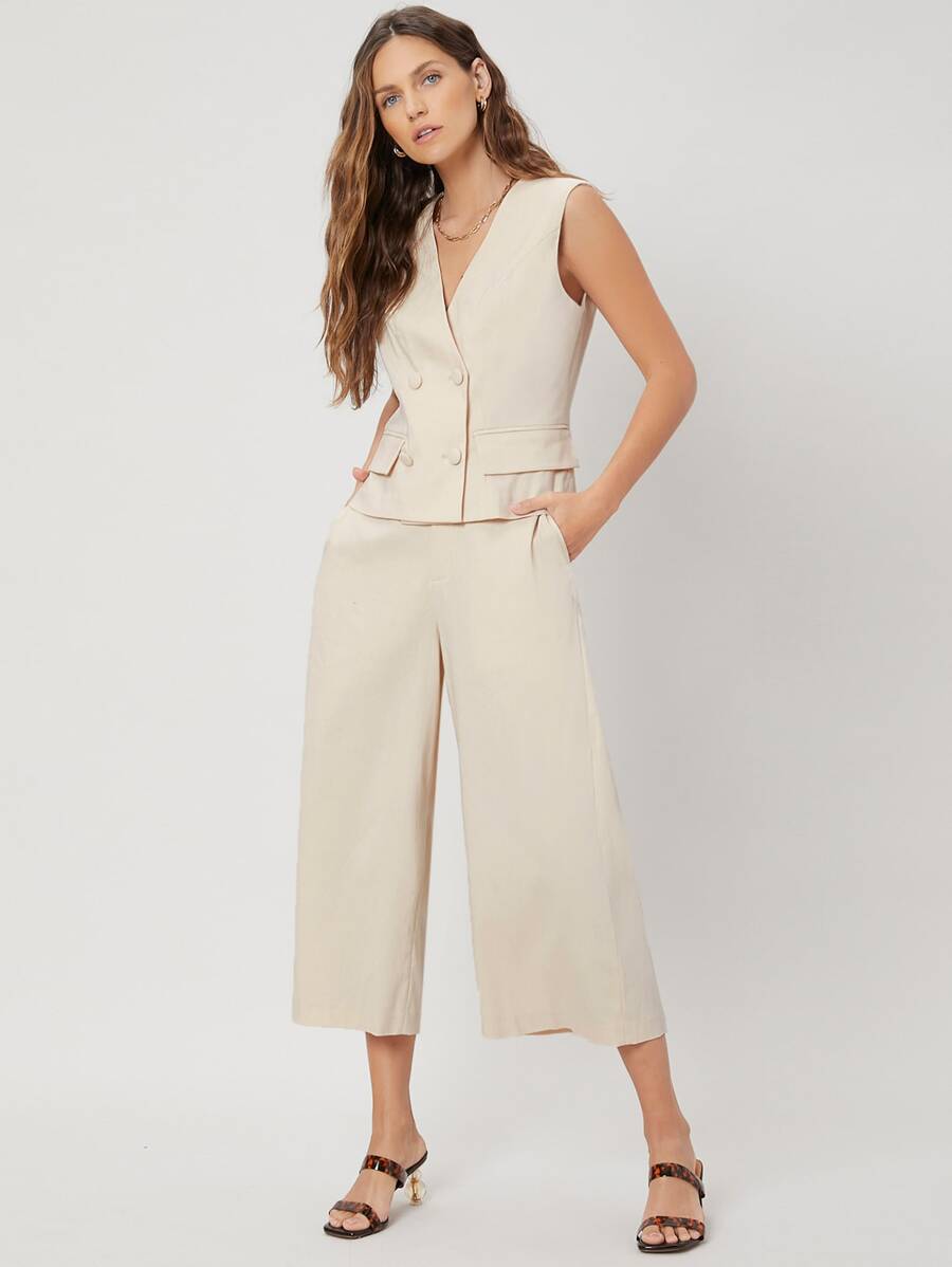 SHEIN 亞麻馬甲和褲子套裝 - 杏色 - 查看 1