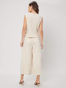 SHEIN 亞麻馬甲和褲子套裝 - 杏色 - 查看 2