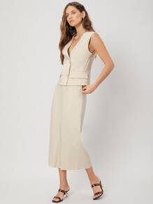 SHEIN 亞麻馬甲和褲子套裝 - 杏色 - 查看 3