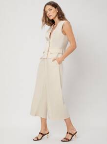 SHEIN 亞麻馬甲和褲子套裝 - 杏色 - 查看 5