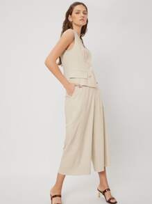 SHEIN 亞麻馬甲和褲子套裝 - 杏色 - 查看 9