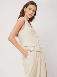 SHEIN 亞麻馬甲和褲子套裝 - 杏色 - 查看 10