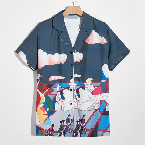

Men Figure Graphic Button Through Shirt, Multicolor